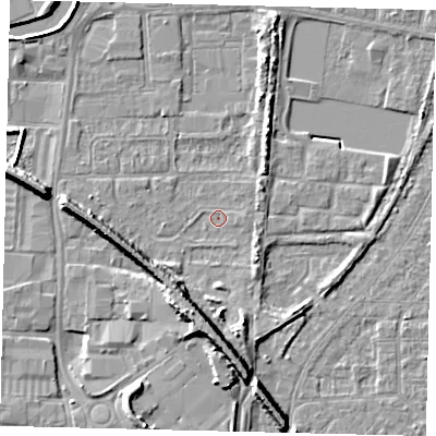 Shaded relief map of the ground around HU88HQ, computed from Environment Agency LiDAR. The ground here sits at about 2 m above sea level and falls 9 m across the surrounding 800 m. Surface water reaching this point runs off ground lying to the south, 6.9 m higher.
