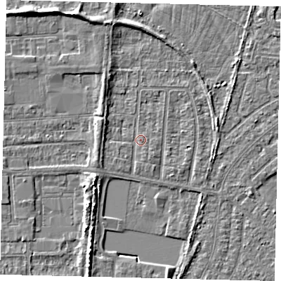 Shaded relief map of the ground around HU88HR, computed from Environment Agency LiDAR. The ground here sits at about 2 m above sea level and falls 5 m across the surrounding 800 m. Surface water reaching this point runs off ground lying to the north-north-west, 2.6 m higher.