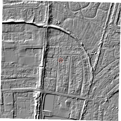 Shaded relief map of the ground around HU88HS, computed from Environment Agency LiDAR. The ground here sits at about 2 m above sea level and falls 5 m across the surrounding 800 m. Surface water reaching this point runs off ground lying to the west-south-west, 2.4 m higher.