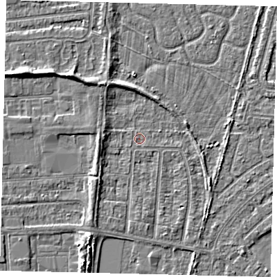 Shaded relief map of the ground around HU88HT, computed from Environment Agency LiDAR. The ground here sits at about 2 m above sea level and falls 5 m across the surrounding 800 m. Surface water reaching this point runs off ground lying to the south-west, 2.4 m higher.