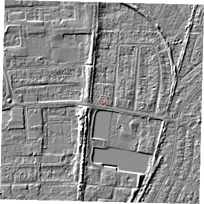 Shaded relief map of the ground around HU88HW, computed from Environment Agency LiDAR. The ground here sits at about 3 m above sea level and falls 5 m across the surrounding 800 m. Surface water reaching this point runs off ground lying to the west-north-west, 1.3 m higher.