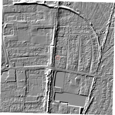 Shaded relief map of the ground around HU88HX, computed from Environment Agency LiDAR. The ground here sits at about 2 m above sea level and falls 5 m across the surrounding 800 m. Surface water reaching this point runs off ground lying to the south-south-west, 4.7 m higher.