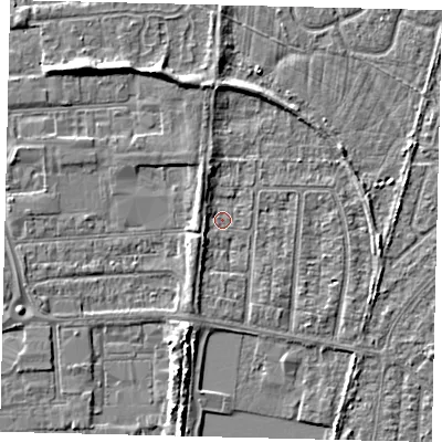 Shaded relief map of the ground around HU88HY, computed from Environment Agency LiDAR. The ground here sits at about 2 m above sea level and falls 5 m across the surrounding 800 m. Surface water reaching this point runs off ground lying to the south-west, 2.4 m higher.