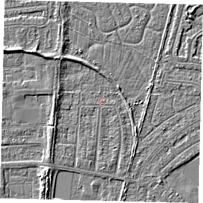 Shaded relief map of the ground around HU88JA, computed from Environment Agency LiDAR. The ground here sits at about 2 m above sea level and falls 4 m across the surrounding 800 m. Surface water reaching this point runs off ground lying to the west-south-west, 2.4 m higher.