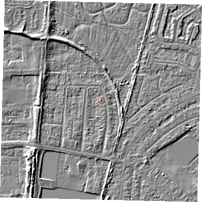 Shaded relief map of the ground around HU88JB, computed from Environment Agency LiDAR. The ground here sits at about 2 m above sea level and falls 4 m across the surrounding 800 m. Surface water reaching this point runs off ground lying to the east-south-east, 1.8 m higher.