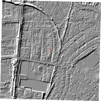 Shaded relief map of the ground around HU88JD, computed from Environment Agency LiDAR. The ground here sits at about 2 m above sea level and falls 5 m across the surrounding 800 m. Surface water reaching this point runs off ground lying to the west-south-west, 4.7 m higher.