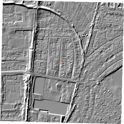 Shaded relief map of the ground around HU88JE, computed from Environment Agency LiDAR. The ground here sits at about 2 m above sea level and falls 5 m across the surrounding 800 m. Surface water reaching this point runs off ground lying to the south-west, 4.7 m higher.