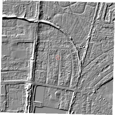 Shaded relief map of the ground around HU88JF, computed from Environment Agency LiDAR. The ground here sits at about 2 m above sea level and falls 5 m across the surrounding 800 m. Surface water reaching this point runs off ground lying to the north-north-west, 2.6 m higher.