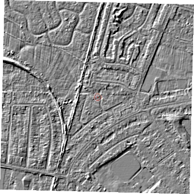 Shaded relief map of the ground around HU88JH, computed from Environment Agency LiDAR. The ground here sits at about 2 m above sea level and falls 3 m across the surrounding 800 m. Surface water reaching this point runs off ground lying to the south-west, 1.7 m higher.