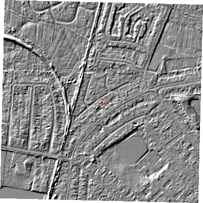 Shaded relief map of the ground around HU88JJ, computed from Environment Agency LiDAR. The ground here sits at about 2 m above sea level and falls 3 m across the surrounding 800 m. Surface water reaching this point runs off ground lying to the west-south-west, 1.6 m higher.