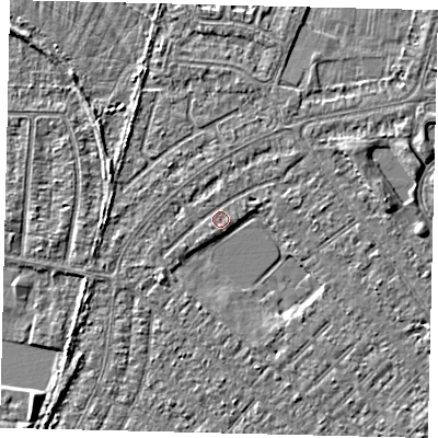 Shaded relief map of the ground around HU88JL, computed from Environment Agency LiDAR. The ground here sits at about 2 m above sea level and falls 3 m across the surrounding 800 m. Surface water reaching this point runs off ground lying to the south-west, 2.2 m higher.