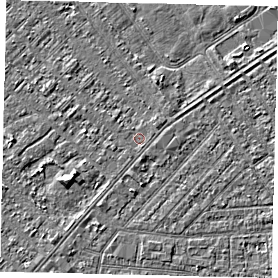 Shaded relief map of the ground around HU88JP, computed from Environment Agency LiDAR. The ground here sits at about 2 m above sea level and falls 4 m across the surrounding 800 m. Surface water reaching this point runs off ground lying to the east-north-east, 0.7 m higher.