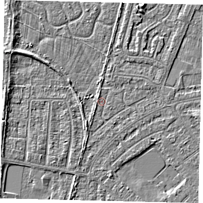 Shaded relief map of the ground around HU88JQ, computed from Environment Agency LiDAR. The ground here sits at about 2 m above sea level and falls 4 m across the surrounding 800 m. Surface water reaching this point runs off ground lying to the south-west, 1.7 m higher.