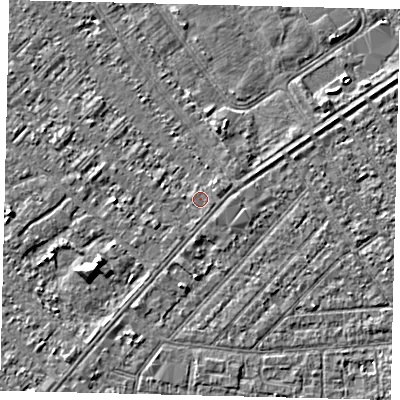 Shaded relief map of the ground around HU88JR, computed from Environment Agency LiDAR. The ground here sits at about 2 m above sea level and falls 4 m across the surrounding 800 m. Surface water reaching this point runs off ground lying to the east-south-east, 0.7 m higher.