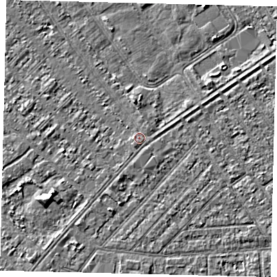 Shaded relief map of the ground around HU88JS, computed from Environment Agency LiDAR. The ground here sits at about 3 m above sea level and falls 4 m across the surrounding 800 m. Surface water reaching this point runs off ground lying to the south, 0.7 m higher.