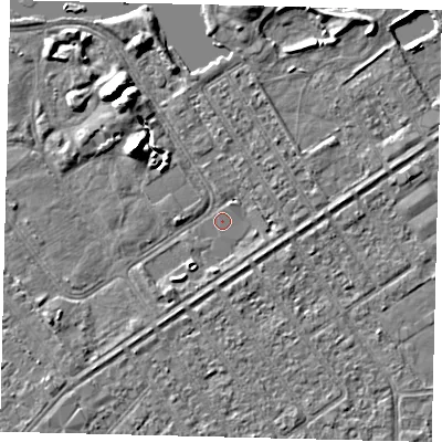 Shaded relief map of the ground around HU88JU, computed from Environment Agency LiDAR. The ground here sits at about 1 m above sea level and falls 7 m across the surrounding 800 m. Surface water reaching this point runs off ground lying to the south-west, 2.0 m higher.