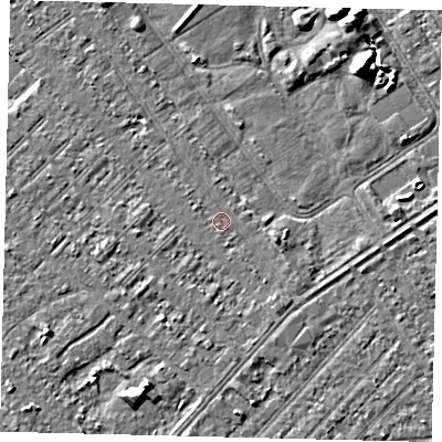 Shaded relief map of the ground around HU88JX, computed from Environment Agency LiDAR. The ground here sits at about 2 m above sea level and falls 7 m across the surrounding 800 m. Surface water reaching this point runs off ground lying to the east-south-east, 1.6 m higher.