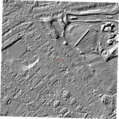 Shaded relief map of the ground around HU88JY, computed from Environment Agency LiDAR. The ground here sits at about 2 m above sea level and falls 3 m across the surrounding 800 m. Surface water reaching this point runs off ground lying to the north-north-west, 0.6 m higher.