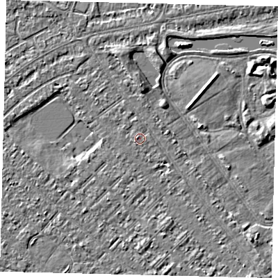 Shaded relief map of the ground around HU88JZ, computed from Environment Agency LiDAR. The ground here sits at about 2 m above sea level and falls 3 m across the surrounding 800 m. The ground contributing surface water to this point lies to the west-north-west.