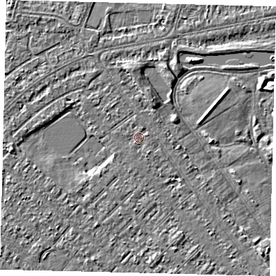 Shaded relief map of the ground around HU88LA, computed from Environment Agency LiDAR. The ground here sits at about 2 m above sea level and falls 3 m across the surrounding 800 m. Surface water reaching this point runs off ground lying to the south-south-east, 0.5 m higher.
