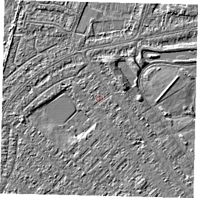 Shaded relief map of the ground around HU88LB, computed from Environment Agency LiDAR. The ground here sits at about 2 m above sea level and falls 3 m across the surrounding 800 m. Surface water reaching this point runs off ground lying to the south-east, 0.6 m higher.