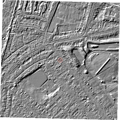 Shaded relief map of the ground around HU88LD, computed from Environment Agency LiDAR. The ground here sits at about 2 m above sea level and falls 3 m across the surrounding 800 m. The ground contributing surface water to this point lies to the south-east.