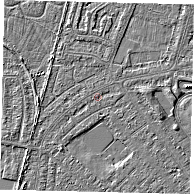 Shaded relief map of the ground around HU88LE, computed from Environment Agency LiDAR. The ground here sits at about 2 m above sea level and falls 3 m across the surrounding 800 m. Surface water reaching this point runs off ground lying to the east-south-east, 2.1 m higher.