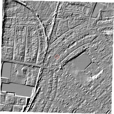 Shaded relief map of the ground around HU88LF, computed from Environment Agency LiDAR. The ground here sits at about 2 m above sea level and falls 3 m across the surrounding 800 m. Surface water reaching this point runs off ground lying to the west-south-west, 1.0 m higher.