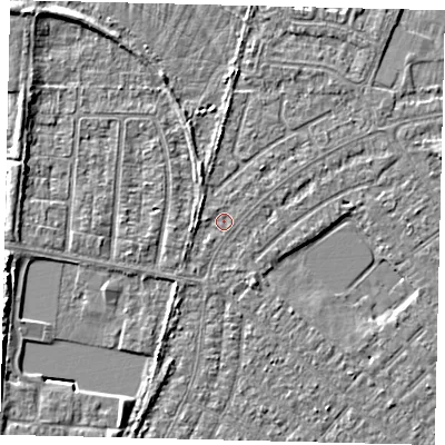 Shaded relief map of the ground around HU88LG, computed from Environment Agency LiDAR. The ground here sits at about 2 m above sea level and falls 4 m across the surrounding 800 m. Surface water reaching this point runs off ground lying to the west, 1.3 m higher.