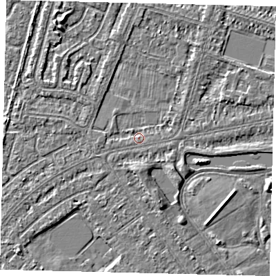 Shaded relief map of the ground around HU88LH, computed from Environment Agency LiDAR. The ground here sits at about 2 m above sea level and falls 3 m across the surrounding 800 m. Surface water reaching this point runs off ground lying to the east-north-east, 1.0 m higher.