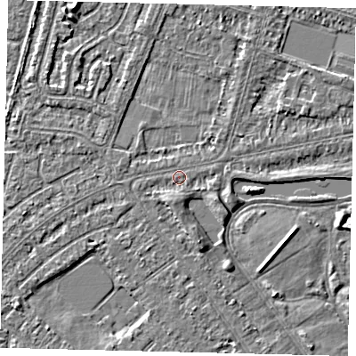 Shaded relief map of the ground around HU88LJ, computed from Environment Agency LiDAR. The ground here sits at about 2 m above sea level and falls 3 m across the surrounding 800 m. Surface water reaching this point runs off ground lying to the south-south-west, 1.3 m higher.