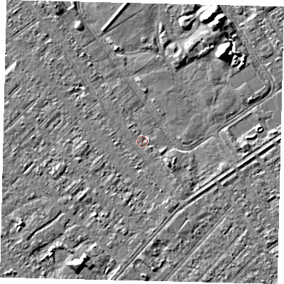 Shaded relief map of the ground around HU88LP, computed from Environment Agency LiDAR. The ground here sits at about 2 m above sea level and falls 7 m across the surrounding 800 m. Surface water reaching this point runs off ground lying to the south-east, 1.6 m higher.