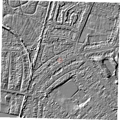 Shaded relief map of the ground around HU88LQ, computed from Environment Agency LiDAR. The ground here sits at about 2 m above sea level and falls 3 m across the surrounding 800 m. Surface water reaching this point runs off ground lying to the north-north-east, 0.8 m higher.