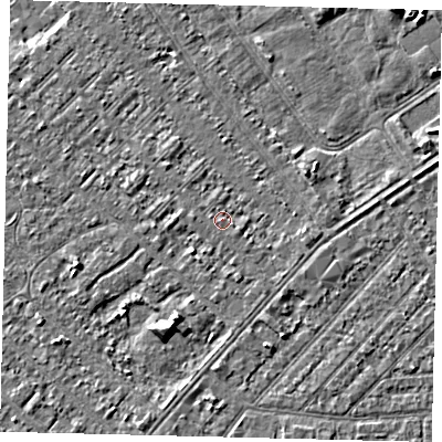 Shaded relief map of the ground around HU88LR, computed from Environment Agency LiDAR. The ground here sits at about 2 m above sea level and falls 4 m across the surrounding 800 m. Surface water reaching this point runs off ground lying to the east-south-east, 0.7 m higher.