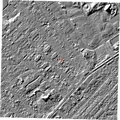 Shaded relief map of the ground around HU88LS, computed from Environment Agency LiDAR. The ground here sits at about 2 m above sea level and falls 7 m across the surrounding 800 m. Surface water reaching this point runs off ground lying to the south-south-east, 0.7 m higher.