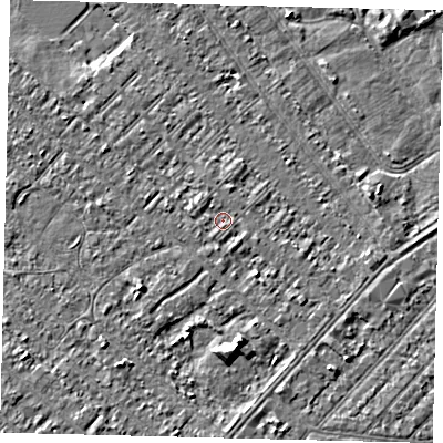 Shaded relief map of the ground around HU88LT, computed from Environment Agency LiDAR. The ground here sits at about 2 m above sea level and falls 4 m across the surrounding 800 m. Surface water reaching this point runs off ground lying to the west-north-west, 0.8 m higher.