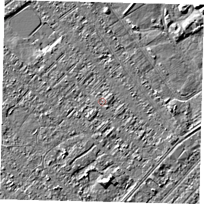 Shaded relief map of the ground around HU88LU, computed from Environment Agency LiDAR. The ground here sits at about 2 m above sea level and falls 4 m across the surrounding 800 m. Surface water reaching this point runs off ground lying to the east, 0.6 m higher.