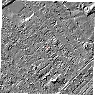 Shaded relief map of the ground around HU88LX, computed from Environment Agency LiDAR. The ground here sits at about 2 m above sea level and falls 4 m across the surrounding 800 m. Surface water reaching this point runs off ground lying to the south-south-east, 0.8 m higher.