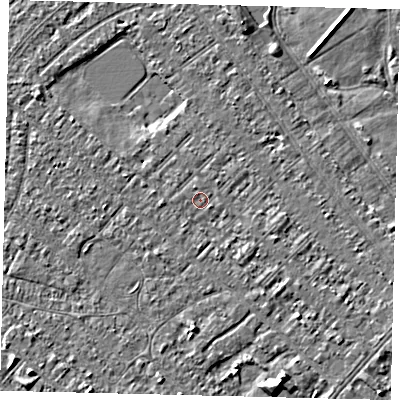 Shaded relief map of the ground around HU88NA, computed from Environment Agency LiDAR. The ground here sits at about 2 m above sea level and falls 4 m across the surrounding 800 m. Surface water reaching this point runs off ground lying to the north-north-west, 0.6 m higher.