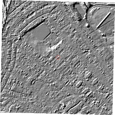 Shaded relief map of the ground around HU88NB, computed from Environment Agency LiDAR. The ground here sits at about 2 m above sea level and falls 3 m across the surrounding 800 m. The ground contributing surface water to this point lies to the south-west.
