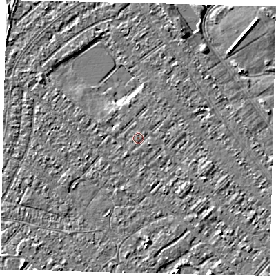 Shaded relief map of the ground around HU88ND, computed from Environment Agency LiDAR. The ground here sits at about 2 m above sea level and falls 4 m across the surrounding 800 m. The ground contributing surface water to this point lies to the east-south-east.