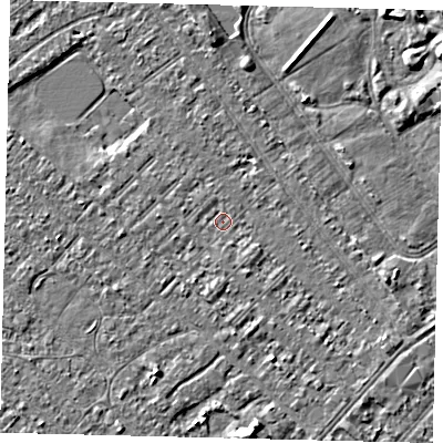 Shaded relief map of the ground around HU88NG, computed from Environment Agency LiDAR. The ground here sits at about 2 m above sea level and falls 4 m across the surrounding 800 m. Surface water reaching this point runs off ground lying to the east-south-east, 1.8 m higher.