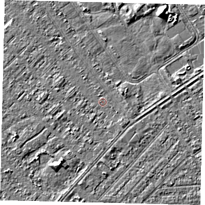 Shaded relief map of the ground around HU88NH, computed from Environment Agency LiDAR. The ground here sits at about 2 m above sea level and falls 6 m across the surrounding 800 m. Surface water reaching this point runs off ground lying to the south-east, 1.0 m higher.