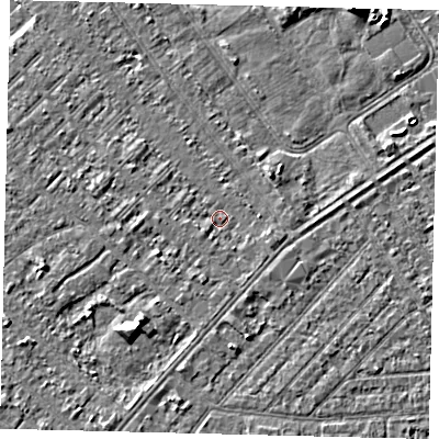 Shaded relief map of the ground around HU88NJ, computed from Environment Agency LiDAR. The ground here sits at about 2 m above sea level and falls 4 m across the surrounding 800 m. Surface water reaching this point runs off ground lying to the east-south-east, 1.0 m higher.