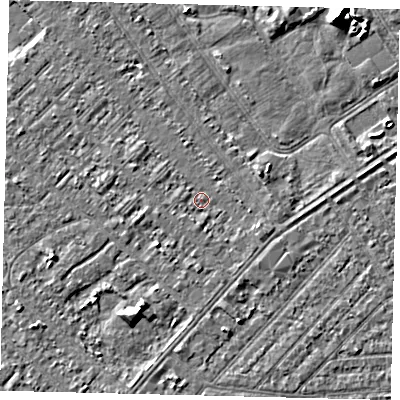 Shaded relief map of the ground around HU88NL, computed from Environment Agency LiDAR. The ground here sits at about 2 m above sea level and falls 6 m across the surrounding 800 m. Surface water reaching this point runs off ground lying to the east-south-east, 1.0 m higher.