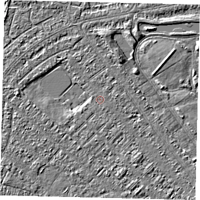 Shaded relief map of the ground around HU88NP, computed from Environment Agency LiDAR. The ground here sits at about 2 m above sea level and falls 3 m across the surrounding 800 m. Surface water reaching this point runs off ground lying to the south-east, 1.3 m higher.
