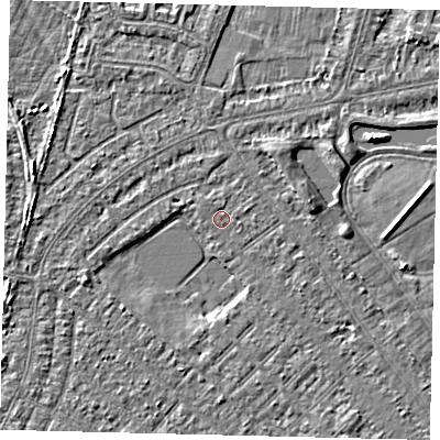 Shaded relief map of the ground around HU88NR, computed from Environment Agency LiDAR. The ground here sits at about 2 m above sea level and falls 3 m across the surrounding 800 m. Surface water reaching this point runs off ground lying to the east, 0.5 m higher.