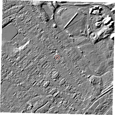 Shaded relief map of the ground around HU88NS, computed from Environment Agency LiDAR. The ground here sits at about 2 m above sea level and falls 7 m across the surrounding 800 m. Surface water reaching this point runs off ground lying to the south-east, 1.8 m higher.