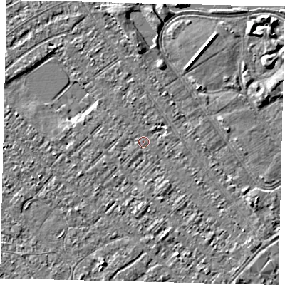 Shaded relief map of the ground around HU88NW, computed from Environment Agency LiDAR. The ground here sits at about 2 m above sea level and falls 3 m across the surrounding 800 m. Surface water reaching this point runs off ground lying to the east-south-east, 2.2 m higher.
