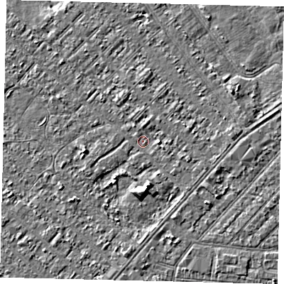 Shaded relief map of the ground around HU88PA, computed from Environment Agency LiDAR. The ground here sits at about 2 m above sea level and falls 4 m across the surrounding 800 m. Surface water reaching this point runs off ground lying to the east, 1.5 m higher.